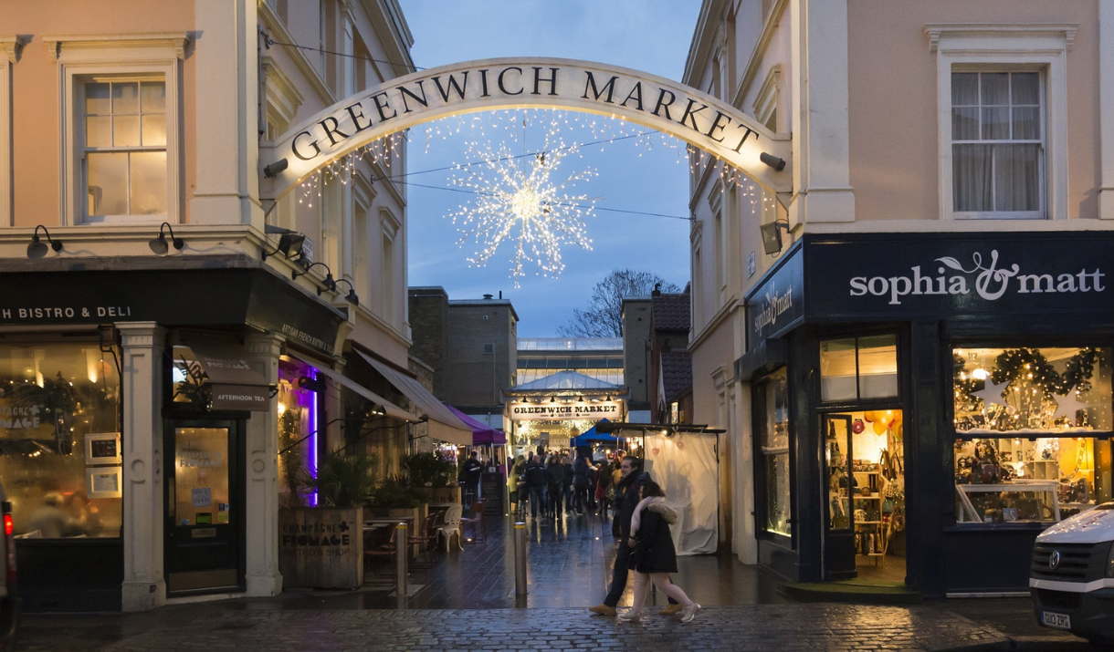 The arched entrance to Greenwich Market with beautiful Christmas lights